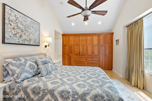 7 Lorraine Ct, East Brunswick, NJ 08816 - bedroom with light wood-style floors, recessed lighting, high vaulted ceiling, and ceiling fan