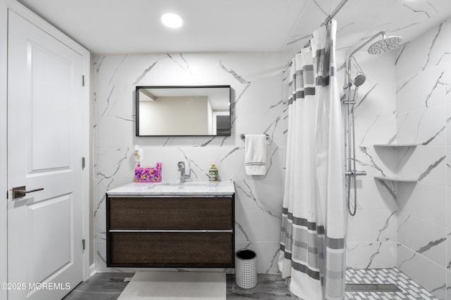 7 Lorraine Ct, East Brunswick, NJ 08816 - full bathroom with vanity, a shower stall, and tile walls