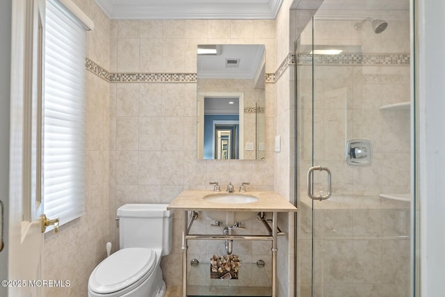 7 Lorraine Ct, East Brunswick, NJ 08816 - full bath featuring tile walls, crown molding, and a shower stall