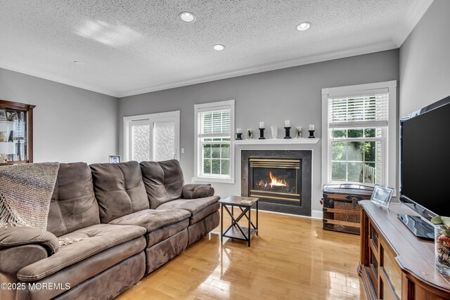 1602 Wagon Wheel Ct, Freehold, NJ 07728 - living room with a textured ceiling, plenty of natural light, crown molding, a glass covered fireplace, and light wood-style floors