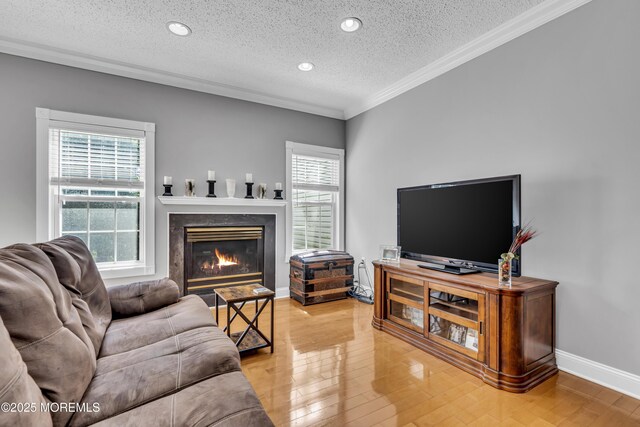 1602 Wagon Wheel Ct, Freehold, NJ 07728 - living area with a textured ceiling, plenty of natural light, ornamental molding, light wood finished floors, and a high end fireplace