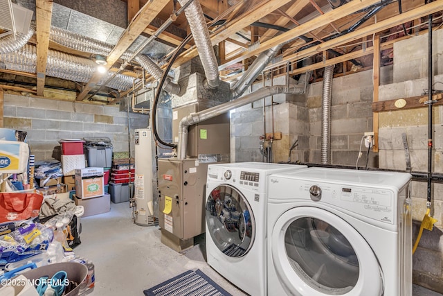 1602 Wagon Wheel Ct, Freehold, NJ 07728 - washroom featuring washer and dryer, gas water heater, concrete block wall, and heating unit