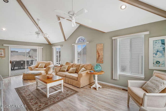 12 Peggy Ln, Beach Haven West, NJ 08050 - living area featuring a ceiling fan, wood finished floors, recessed lighting, beamed ceiling, and high vaulted ceiling