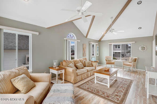 12 Peggy Ln, Beach Haven West, NJ 08050 - living room with ceiling fan, light wood finished floors, and high vaulted ceiling