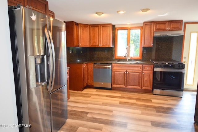 1111 River Ave, Point Pleasant, NJ 08742 - kitchen featuring appliances with stainless steel finishes, under cabinet range hood, light wood-style floors, brown cabinetry, and recessed lighting