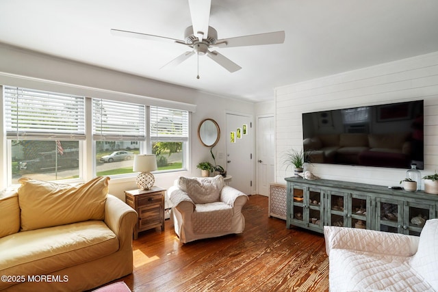 529 Smith Dr, Point Pleasant, NJ 08742 - living room with ceiling fan, hardwood / wood-style flooring, and wood walls