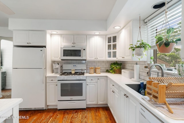 529 Smith Dr, Point Pleasant, NJ 08742 - kitchen featuring white appliances, backsplash, white cabinetry, light countertops, and recessed lighting