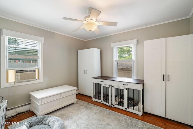 529 Smith Dr, Point Pleasant, NJ 08742 - bedroom featuring a baseboard radiator, wood finished floors, crown molding, cooling unit, and a ceiling fan