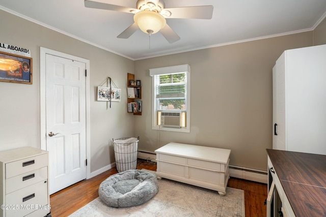 529 Smith Dr, Point Pleasant, NJ 08742 - sitting room featuring light wood-type flooring, a baseboard radiator, a baseboard heating unit, crown molding, and a ceiling fan