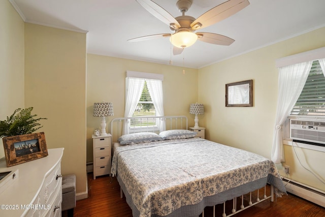 529 Smith Dr, Point Pleasant, NJ 08742 - bedroom with dark wood-type flooring, a baseboard heating unit, a ceiling fan, ornamental molding, and cooling unit