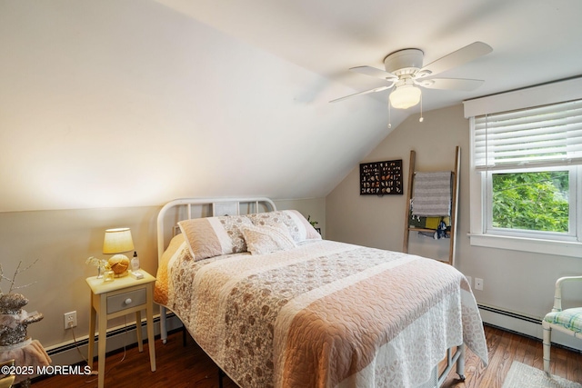 529 Smith Dr, Point Pleasant, NJ 08742 - bedroom with baseboard heating, wood finished floors, lofted ceiling, and a ceiling fan