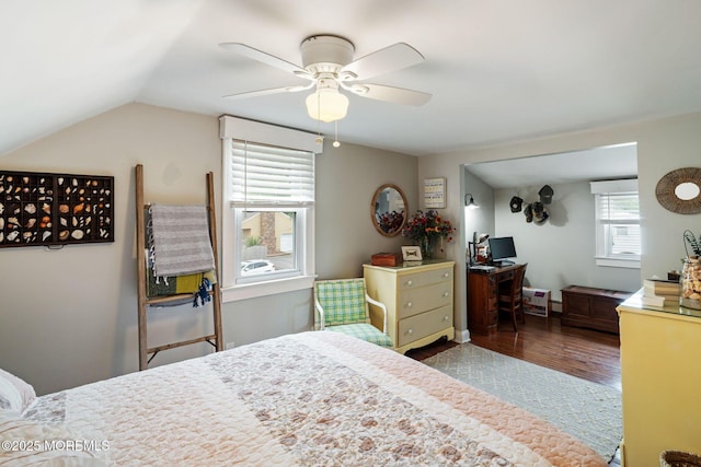 529 Smith Dr, Point Pleasant, NJ 08742 - bedroom featuring wood finished floors, vaulted ceiling, ceiling fan, and a desk