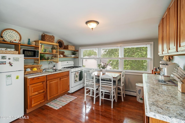 529 Smith Dr, Point Pleasant, NJ 08742 - kitchen with white appliances, healthy amount of natural light, dark wood-type flooring, open shelves, and lofted ceiling