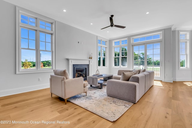 116 Eagle Way, Eatontown, NJ 07724 - living room with a glass covered fireplace, ornamental molding, light wood-style flooring, ceiling fan, and recessed lighting