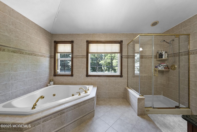 6 Tower Ct, Farmingdale, NJ 07727 - bathroom with tile walls, a whirlpool tub, a shower stall, and tile patterned flooring