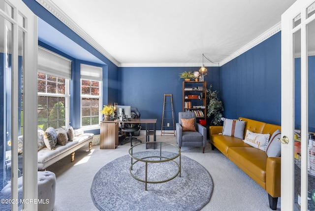 6 Tower Ct, Farmingdale, NJ 07727 - living area featuring carpet floors, a desk, and crown molding
