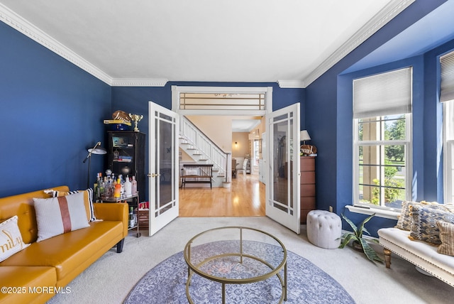 6 Tower Ct, Farmingdale, NJ 07727 - carpeted living area with french doors, stairway, and ornamental molding