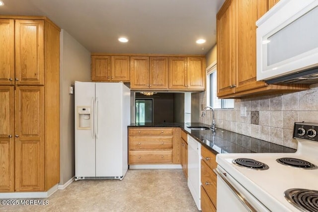 239 Medford Ct Unit B, Manalapan, NJ 07726 - kitchen featuring white appliances, recessed lighting, decorative backsplash, dark countertops, and brown cabinetry