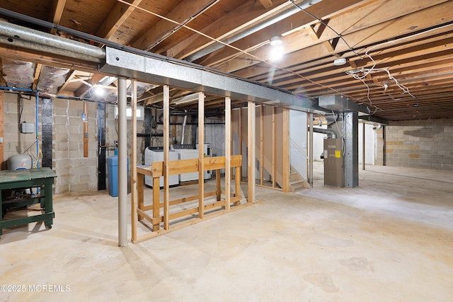271 S Stump Tavern Rd, Jackson, NJ 08527 - unfinished basement featuring separate washer and dryer, heating unit, and stairs