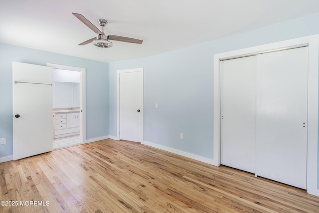 271 S Stump Tavern Rd, Jackson, NJ 08527 - unfurnished bedroom featuring light wood-style floors, ensuite bath, and a ceiling fan