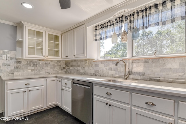 48 Washington Ave, Leonardo, NJ 07737 - kitchen with stainless steel dishwasher, white cabinetry, decorative backsplash, glass insert cabinets, and ornamental molding