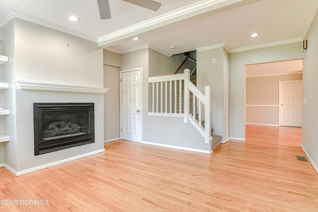 48 Washington Ave, Leonardo, NJ 07737 - unfurnished living room featuring stairs, wood finished floors, ornamental molding, ceiling fan, and recessed lighting
