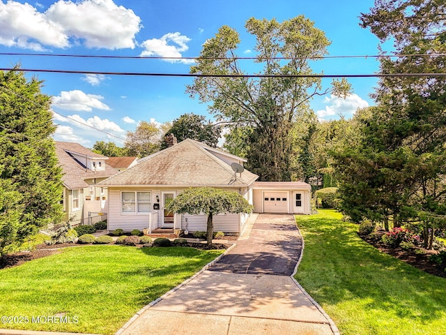 48 Washington Ave, Leonardo, NJ 07737 - view of front of house with a garage, concrete driveway, a front yard, and a chimney