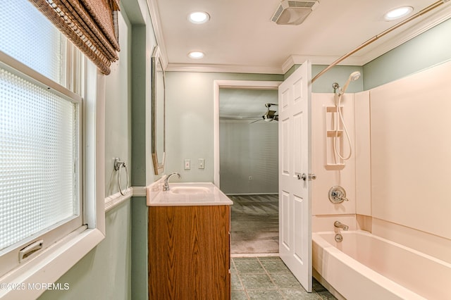 48 Washington Ave, Leonardo, NJ 07737 - bathroom with shower / bathtub combination, vanity, ornamental molding, recessed lighting, and ceiling fan