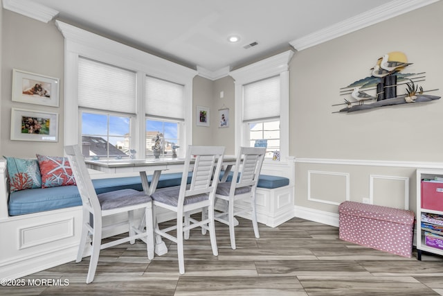 36 Joy Rd, Manahawkin, NJ 08050 - dining room with crown molding, recessed lighting, wood finished floors, and wainscoting