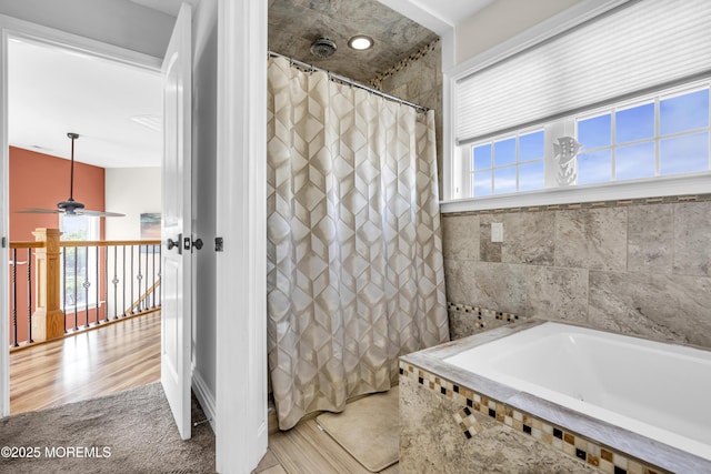 36 Joy Rd, Manahawkin, NJ 08050 - bathroom featuring a garden tub, a ceiling fan, curtained shower, and wood finished floors
