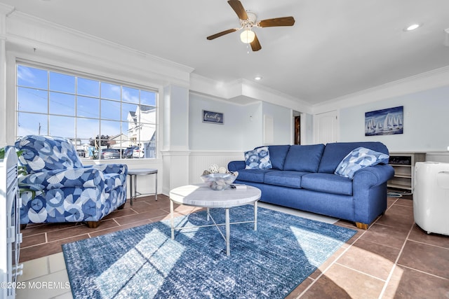 36 Joy Rd, Manahawkin, NJ 08050 - tiled living room featuring ornamental molding, ceiling fan, and wainscoting