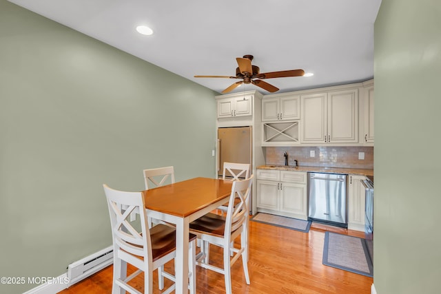 720 Ocean Ave Unit 8, Long Branch, NJ 07740 - dining room featuring wet bar, a baseboard heating unit, ceiling fan, light wood-style floors, and recessed lighting