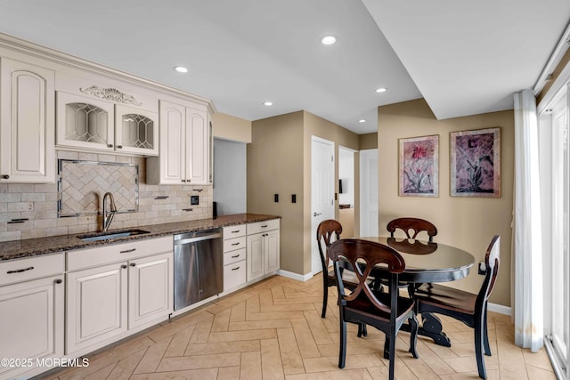 22 Tara Lin Dr, Hazlet, NJ 07730 - kitchen with stainless steel dishwasher, dark stone countertops, tasteful backsplash, and recessed lighting