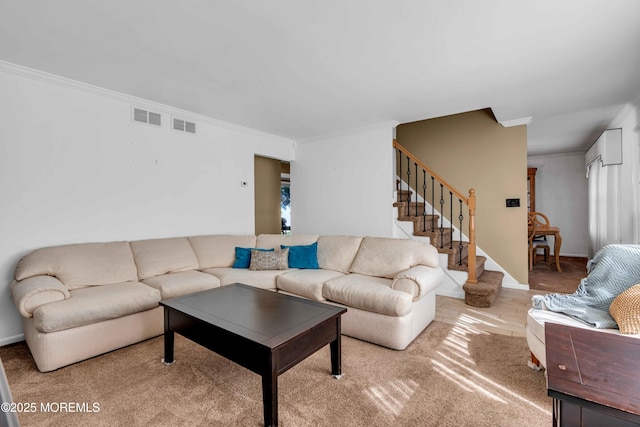 22 Tara Lin Dr, Hazlet, NJ 07730 - living room featuring stairs, ornamental molding, and carpet
