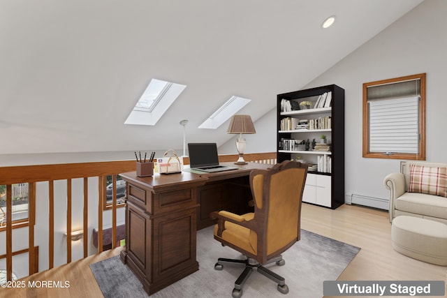 24 Bray Ave, North Middletown, NJ 07748 - office space featuring a skylight, baseboard heating, lofted ceiling, light wood-style flooring, and recessed lighting