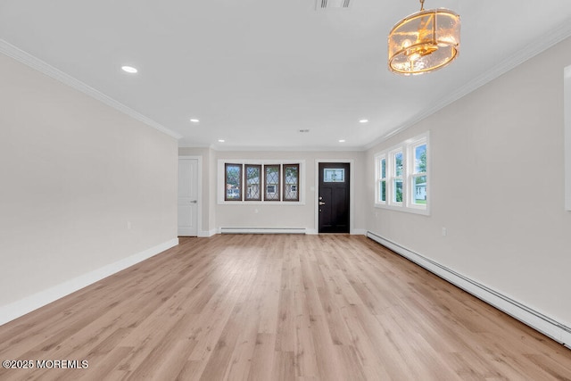 324 Barbados Dr N, Toms River, NJ 08757 - unfurnished living room with baseboard heating, light wood-style flooring, recessed lighting, ornamental molding, and a baseboard heating unit