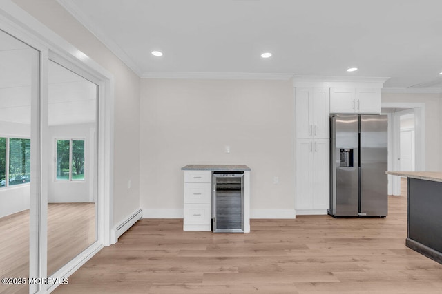 324 Barbados Dr N, Toms River, NJ 08757 - kitchen with stainless steel refrigerator with ice dispenser, beverage cooler, baseboard heating, white cabinets, and ornamental molding