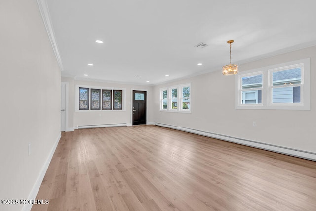 324 Barbados Dr N, Toms River, NJ 08757 - unfurnished living room featuring crown molding, baseboard heating, light wood-type flooring, recessed lighting, and a chandelier