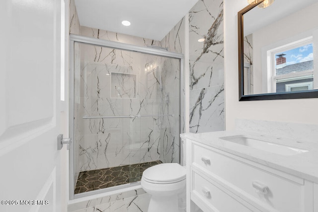 324 Barbados Dr N, Toms River, NJ 08757 - full bathroom featuring marble finish flooring, vanity, a marble finish shower, and recessed lighting