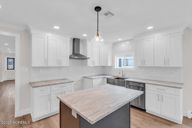 324 Barbados Dr N, Toms River, NJ 08757 - kitchen featuring stainless steel dishwasher, wall chimney range hood, white cabinetry, decorative light fixtures, and backsplash