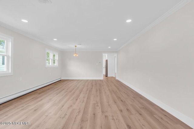 324 Barbados Dr N, Toms River, NJ 08757 - spare room featuring crown molding, recessed lighting, light wood-style floors, and a baseboard radiator