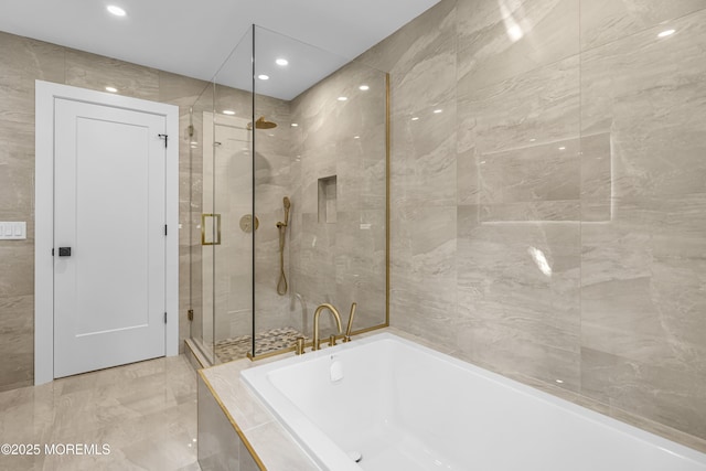 21 Pension Hill Rd, Manalapan, NJ 07726 - full bath with a bath, a stall shower, recessed lighting, and marble finish flooring