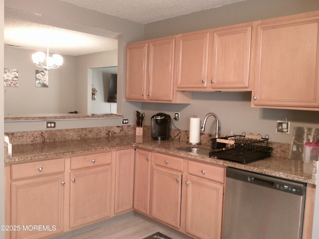 25 Watson Ct, Howell, NJ 07731 - kitchen with dishwasher, light brown cabinetry, light stone counters, a chandelier, and a textured ceiling