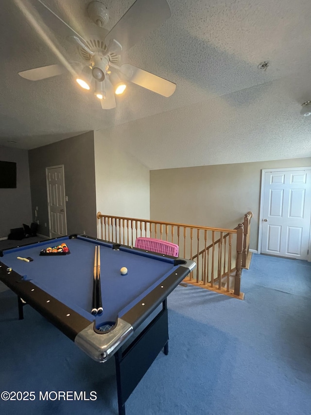 25 Watson Ct, Howell, NJ 07731 - recreation room featuring carpet floors, a textured ceiling, a ceiling fan, and billiards table
