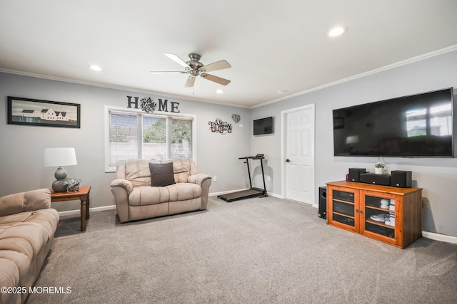 149 Idlewild Ln, Aberdeen, NJ 07747 - living area with crown molding, ceiling fan, carpet, and recessed lighting