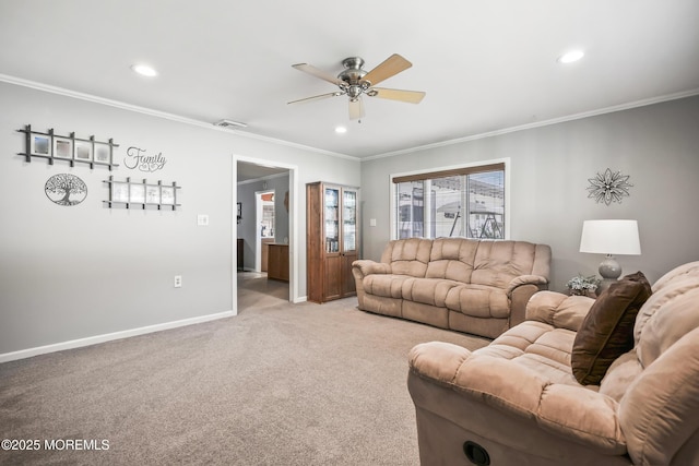 149 Idlewild Ln, Aberdeen, NJ 07747 - living room with ornamental molding, a ceiling fan, recessed lighting, and light carpet