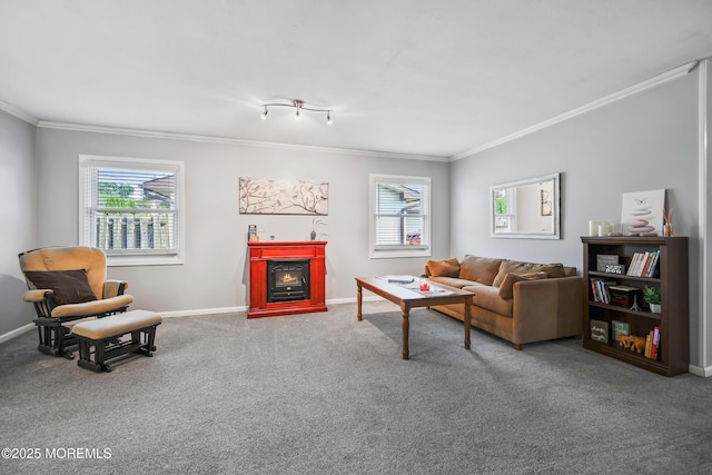 149 Idlewild Ln, Aberdeen, NJ 07747 - living area with ornamental molding, carpet flooring, and a warm lit fireplace
