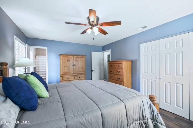 149 Idlewild Ln, Aberdeen, NJ 07747 - bedroom featuring dark wood-style flooring, a closet, and ceiling fan