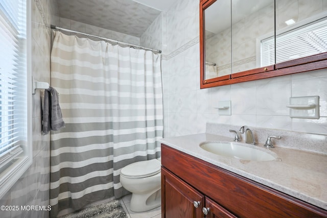 149 Idlewild Ln, Aberdeen, NJ 07747 - full bath with tile walls, vanity, a shower with shower curtain, tile patterned floors, and tasteful backsplash