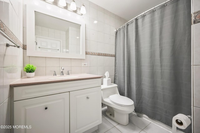 149 Idlewild Ln, Aberdeen, NJ 07747 - full bath with tile walls, tile patterned floors, vanity, tasteful backsplash, and a shower with curtain
